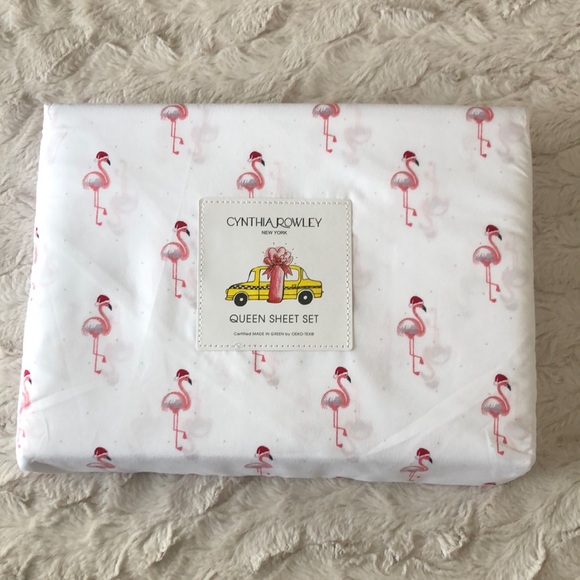 Cynthia Rowley FLAMINGO Santa Sheet Set - QUEEN - Picture 1 of 7
